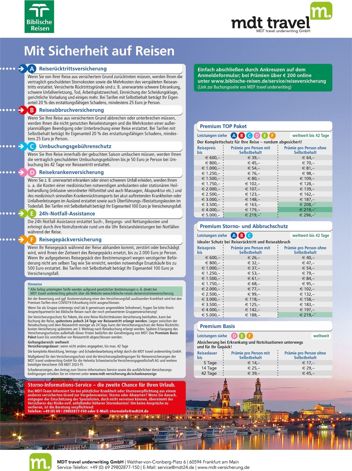 Übersicht zu Reiseversicherungen und Tarifen von Biblische Reisen mit mdt travel