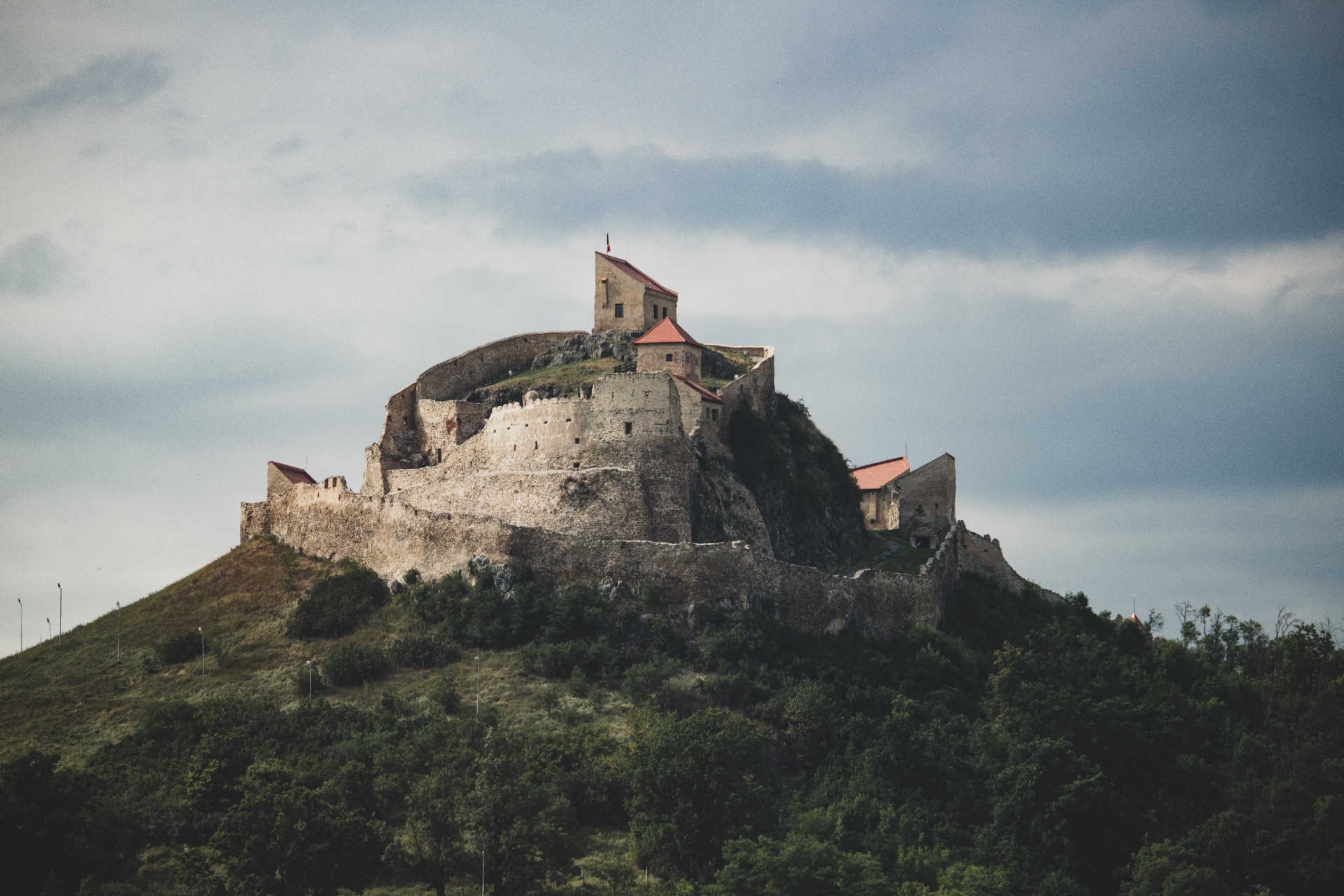 Mittelalterliche Höhenburg Râșnov auf einem bewaldeten Hügel in Rumänien